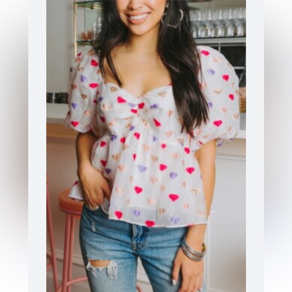 BuddyLove Blakely Peplum Top NWT Medium Kissing Booth Heart Puff Sleeve Blouse